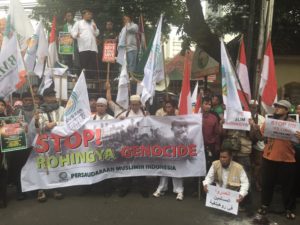 Demonstrators in Jakarta protest violence against Rohingya in Rakhine in front of the Myanmar Embass.